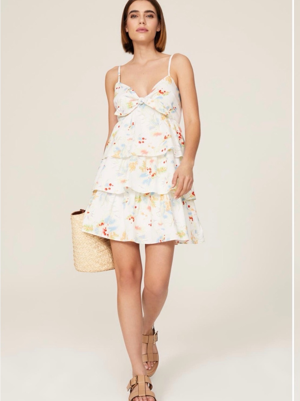 Peter Som White Floral Tiered Bow-Front Mini Dress